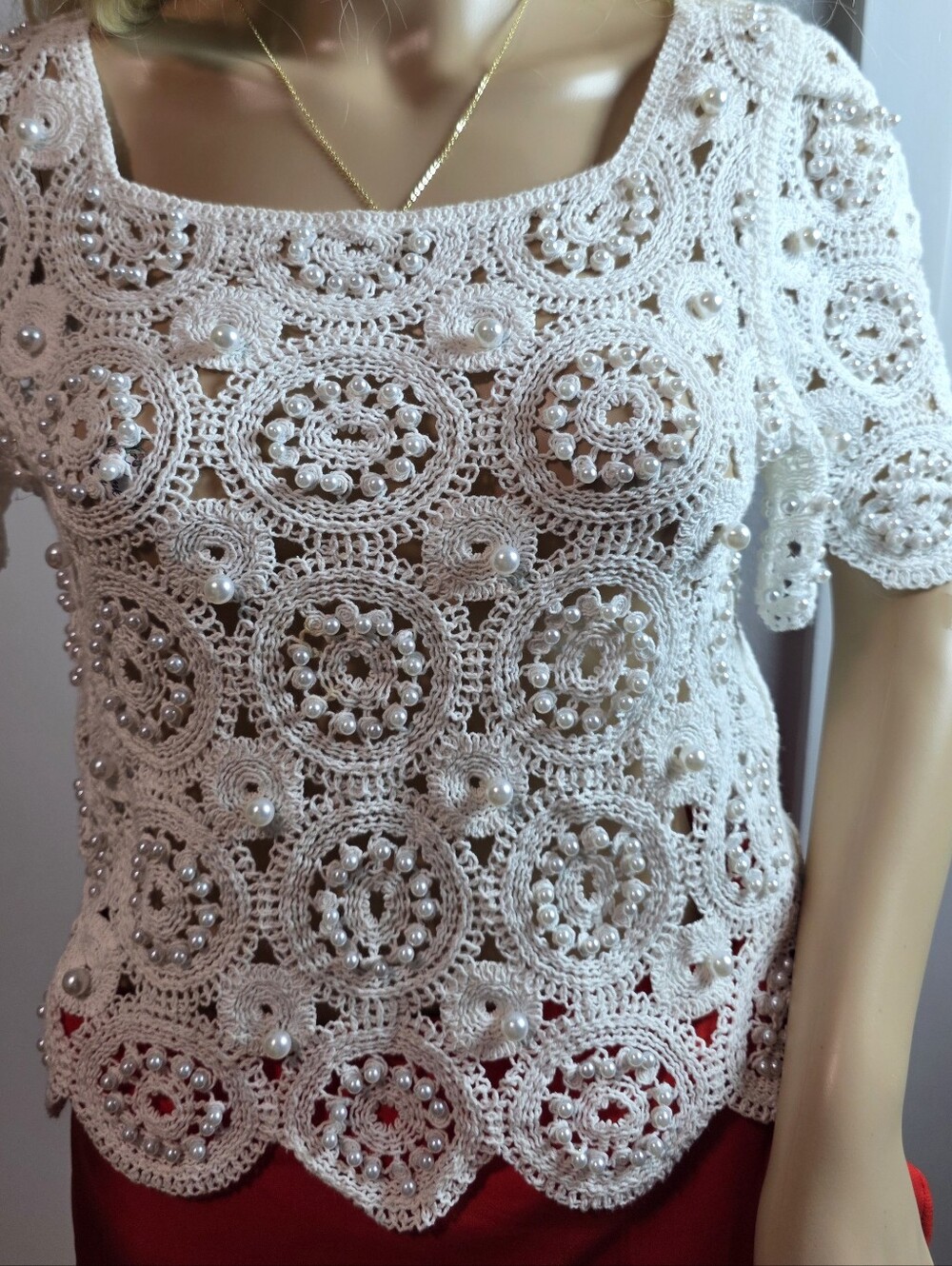 JJ's Fairyland Crochet Pearl Embellished Top White Lace Medallion Square Neck M